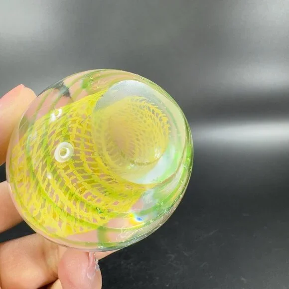 Art Glass Paperweight With Yellow Green Swirls All Over Egg Shaped Paperweight - Picture 7 of 16